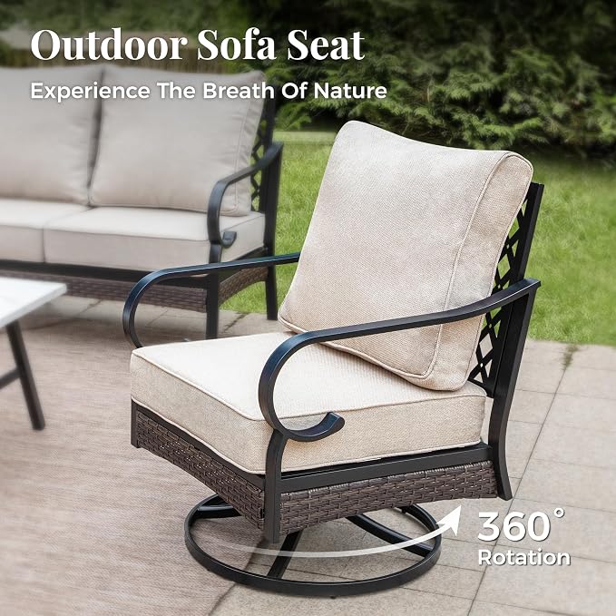 MIXPATIO Patio Furniture Set with 56'' Fire Pit Table, Black Frame Outdoor Conversation Set with 2 x Swivel Chairs, 1 x 3-Seat Sofa for Lawn Garden Backyard, Beige