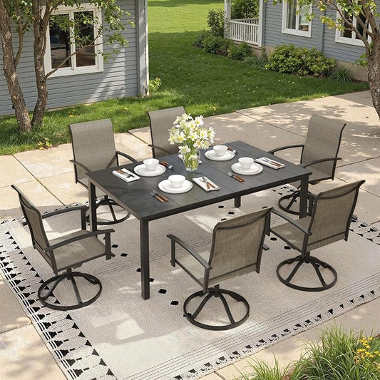 7 Pieces Patio Dining Set, Outdoor Furniture of 63" Rectangular Patio Table and Patio Swivel Chairs for Backyard Lawn Garden, Black Table and Mixed Brown Chairs