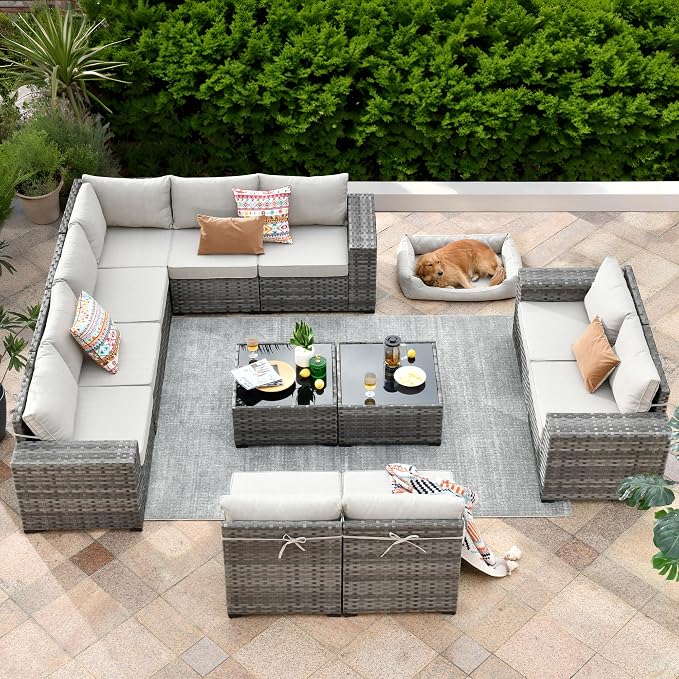 ovios 12 Pieces Patio Furniture Set, Outdoor Wicker Sectional Sofa with Coffee Table Comfy Cushions, Modern Modular Deep Seat Couch Rattan Conversation Set, Beige