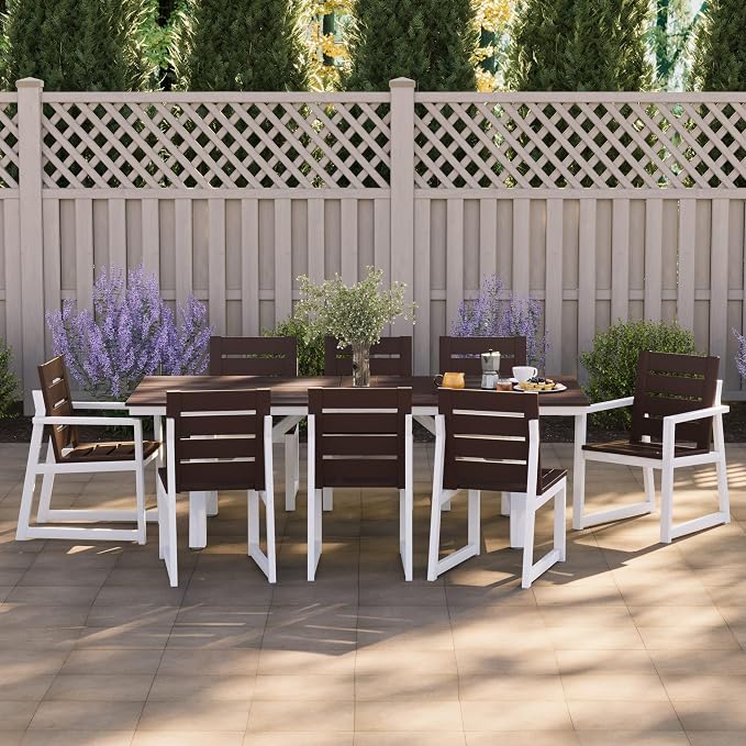 WestinTrends Cape May 9-Piece HDPE Outdoor Furniture Patio Dining Table with Umbrella Hole and Chairs Set for 8, Dark Brown