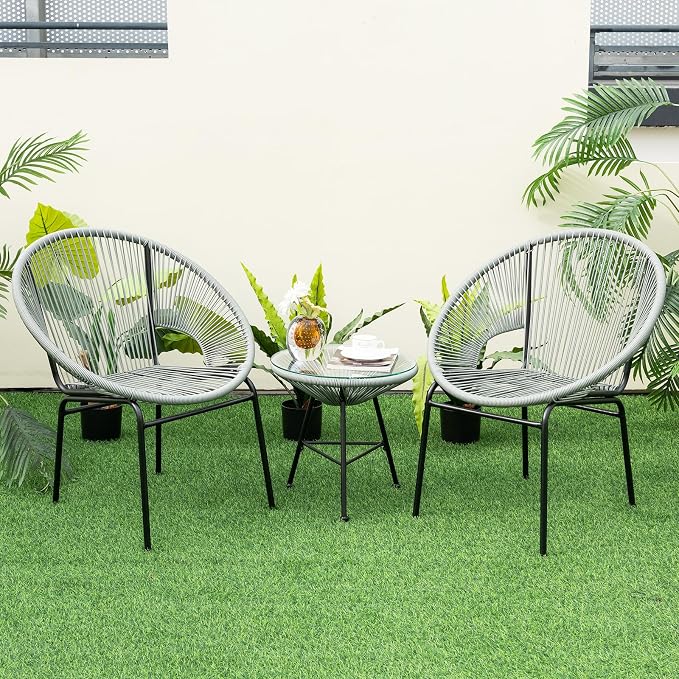 COSTWAY 3-Piece Outdoor Acapulco Chair Set, Wicker Conversation Bistro Sets with Plastic Rope, Glass Top Table, Patio Rattan Furniture Set for Garden, Balcony, Lawn, Backyard, Apartment, Grey
