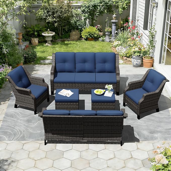 Outdoor Patio Furniture Set, 6 Piece Wicker Patio Furniture with Thick Cushions, Curved Armrest, Deep Seating, Rattan Outdoor Chairs for Porch, Deck, Balcony