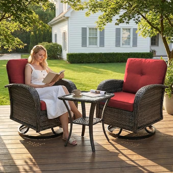 SHGJ&SOFT 3 Piece Patio Furniture Set, 2 Outdoor Swivel Rocking Chairs with Side Table, Wicker Glider Chairs, All-Weather Rattan Bistro Set for Porch, Deck, Pool (Red, Grey Full-Weave Rattan)