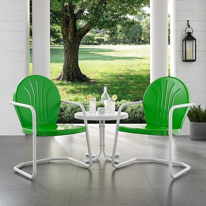 Crosley Furniture Griffith 3-Piece Outdoor Chair and Side Table Set, Retro Metal Bistro Patio Sets for Porch, Grasshopper Green