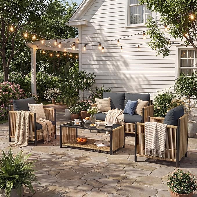 Aluminum Outdoor Patio Furniture Set - 2 Pcs Armchair, Loveseat & Dual-Layer Coffee Table - Rope Sectional Conversation Sofa Sets with Washable Thick Cushion for Garden/Backyard/Porch