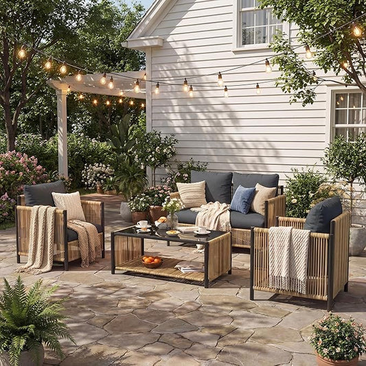 Aluminum Outdoor Patio Furniture Set - 2 Pcs Armchair, Loveseat & Dual-Layer Coffee Table - Rope Sectional Conversation Sofa Sets with Washable Thick Cushion for Garden/Backyard/Porch