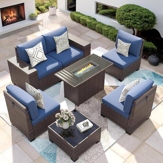 7 Piece Patio Furniture Set with Fire Pit Table, Outdoor Conversation Sets Wicker Rattan Sectional Sofa with Coffee Table for Patio Garden Backyard, 4'' Thickened Cushion Navy Blue