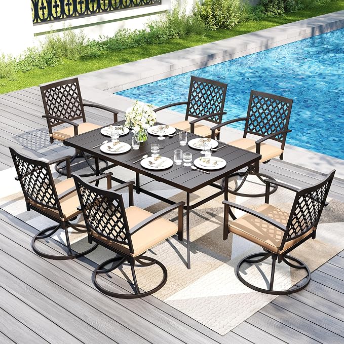 PHI VILLA 7 Pcs Outdoor Dining Set for 6&59" Rectangle Metal Steel Table | Swivel Wrought Iron Chairs with Cushions, Outside Furniture Set for Patio, Deck, Yard, Porch