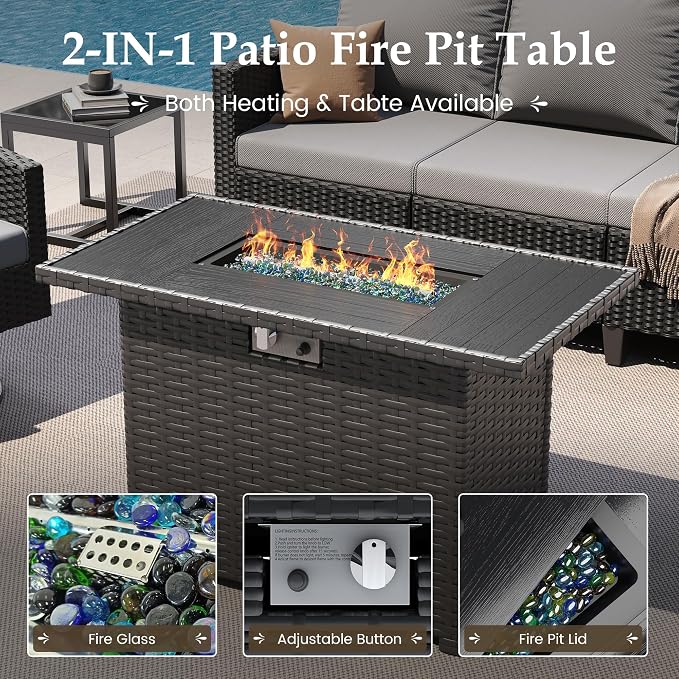 UDPATIO Patio Furniture Set with Fire Pit Table, 7 Pieces Outdoor Conversation Sets with Swivel Chairs and Ottomans, All-Weather Rattan Wicker Patio Sofa Couch for Backyard, Deck, Porch, Grey/Black