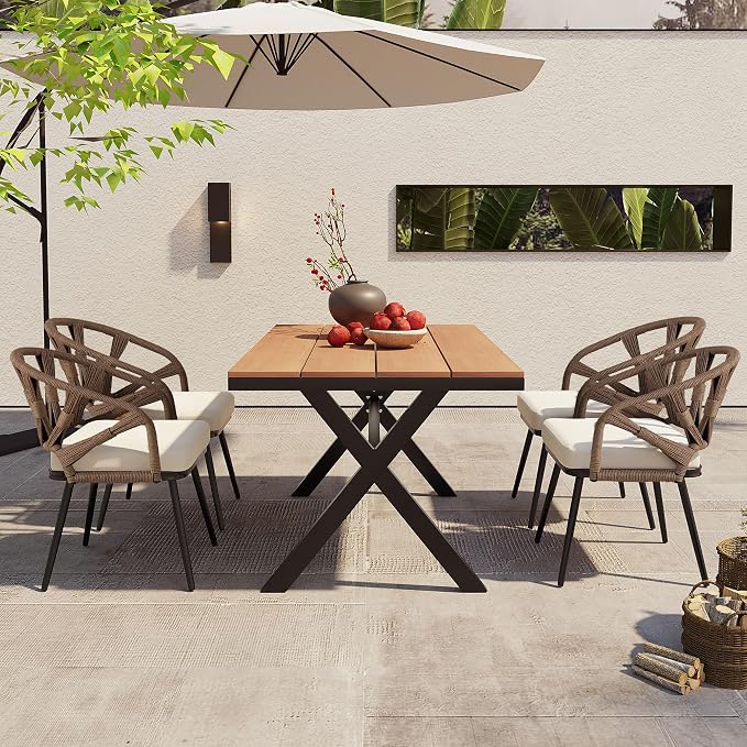 Contemporary Outdoor Set with PE Rattan Chairs and Plastic Wood Dining Table,Suitable for Gardens and Lawns (Brown@38)