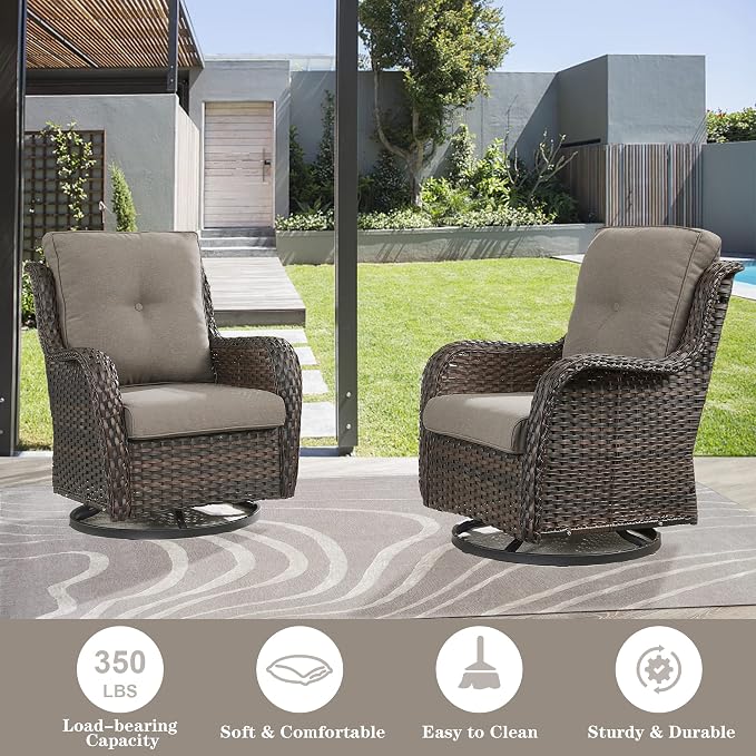 Belord Outdoor Swivel Chairs Set of 2,Patio Wicker Rocker Chairs with Ottomans, All Weather Patio Conversation Furniture Set, Ideal for Porch Balcony Deck Yard, Brown Wicker/Gray