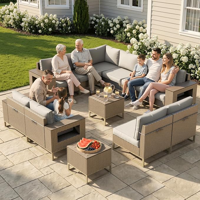 Outdoor Patio Furniture Set 12-Piece PE Rattan Wicker Outdoor Sectional Sofa with Thickened Cushions and Chunky Arms, Modern Modular L-Shaped Conversation Set for Garden, Backyard, Greige