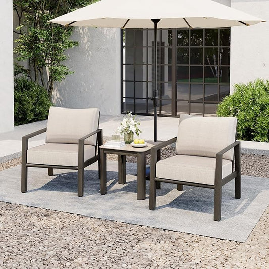 HAPPATIO Patio Conversation Set, 3-Piece Aluminum Oversized Patio Furniture Set with Rope Woven Backrest, Side Table and 2 Chairs with Thick Cushion, Hand-Brushed Frame for Yard, Porch, Balcony