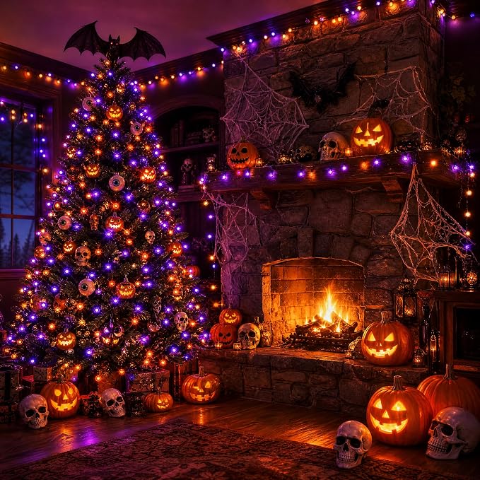 DAZZLE BRIGHT Halloween 300 LED String Lights, 100FT String Lights with 8 Lighting Modes, Halloween Decorations for Party Carnival Supplies, Outdoor Yard Garden Decor (Purple & Orange)