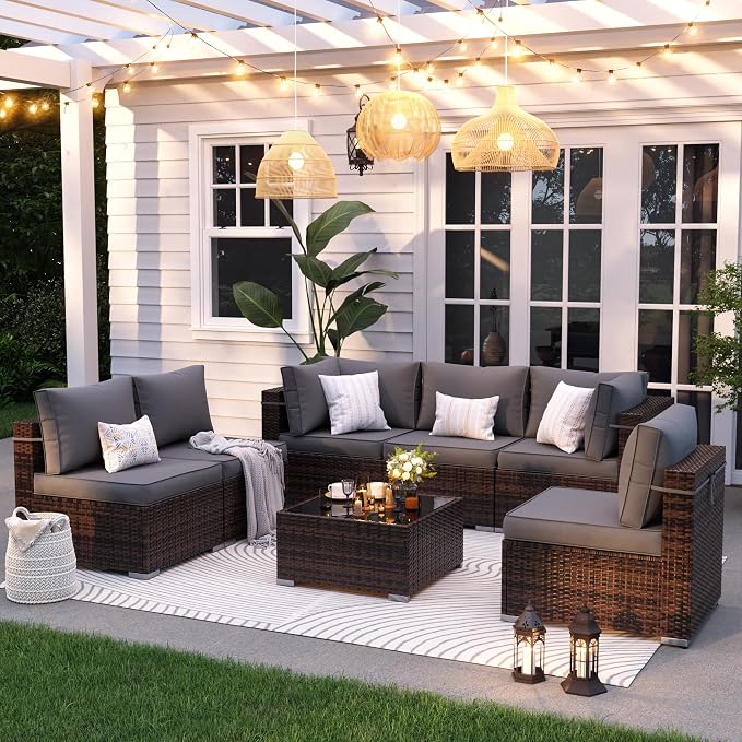 Patio Furniture Set, 7 Pieces Outdoor Sectional Sofa, PE Wicker Backyard Conversation Set with Waterproof Cover & Coffee Table, Modular Outdoor Couch for Garden, Poolside (Brown/Grey Cushions)