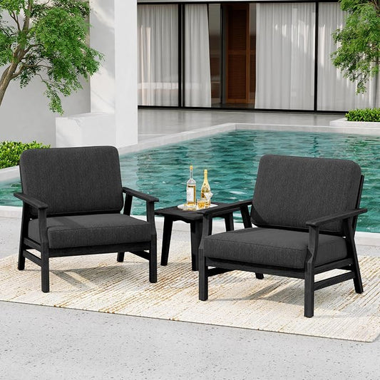 3 Piece Wood Patio Chair Outdoor Bistro Set, Outdoor Armchair All Weather Patio Sofa Furniture Backyard Conversation Sets with Dark Wooden Side Table, Dark Gray