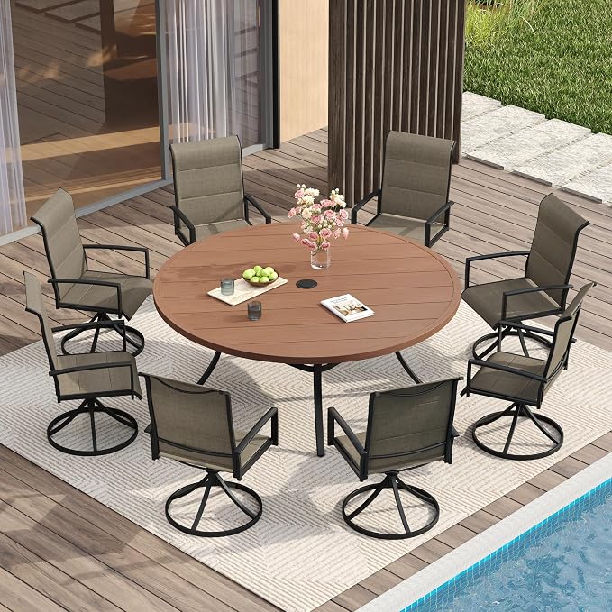 VICLLAX Outdoor Dining Set for 8, Outdoor Furniture Includes 60" Round Patio Table and Swivel Padded Chairs, Walnut Tabletop and Mixed Brown Fabric