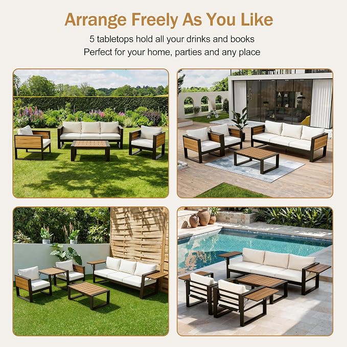 4-Piece Aluminum Frame Outdoor Patio Furniture Set for 5 Person, 3-Seater Sofa, 2 Armchairs with Fold-Out Side Tables, Modern Garden/Patio Seating, All-Weather Use, Beige Cushions