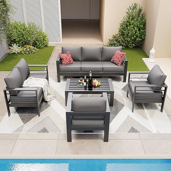 Amopatio Outdoor Coffee Table, Aluminum Modern Patio Coffee Tables with Imitation Wood Top for Balcony Garden Backyard, Dark Grey
