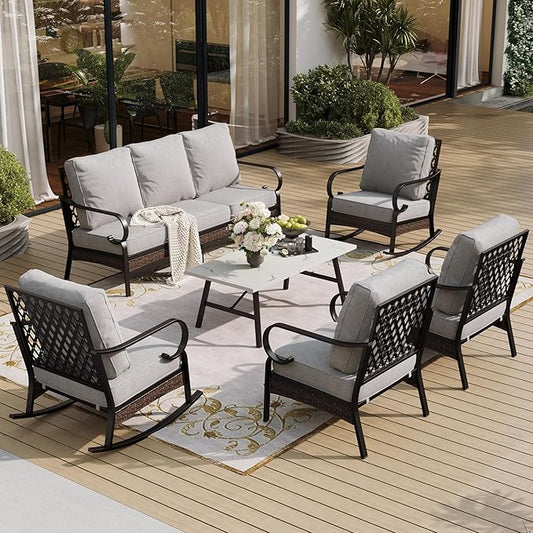 SUNSHINE VALLEY 6 Piece Metal Outdoor Patio Furniture Set, Patio Conversation Set with 1 3-Seater and 2 Fixed Sofas, 2 Rocking Sofas with 5.75" Cushion & Coffee Table, Black and Light Gray