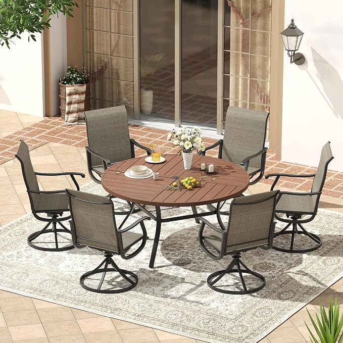 VICLLAX Patio 7 Pieces Outdoor Dining Set, 50" Round Metal Table with Umbrella Hole and 6 Swivel Textilene Chairs for Lawn, Garden, Porch, Walnut/Brown