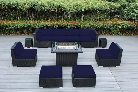 Fully Assembled Sectional 11 Piece Sunbrella Navy Outdoor Patio Furniture Black Wicker Conversation Set with 42-inch Propane Gas Fire Table