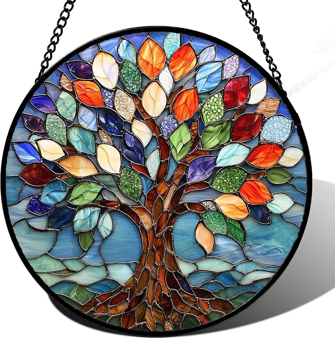 DASTOLL Stained Glass Window Hanging, Colorful Tree of Life Sun Catchers Glass Panel Blue Suncatcher Decor for Birthday for Women, Men, Wife, Aunt, and Mom 14.9x14.9 in