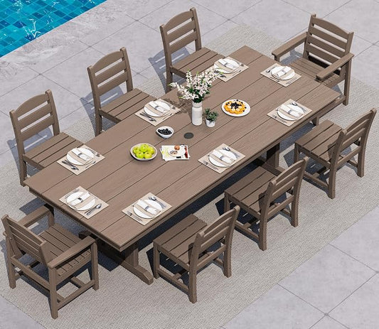 SERWALL 9 Piece Outdoor Dining Set, 84" HDPE Outdoor Table with 6 Armless Chairs and 2 Armchairs ，All Weather Patio Dining Furniture Set with Umbrella Hole for Backyard, Garden, Brown