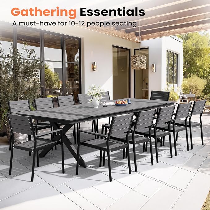 Pellebant 118" Outdoor Dining Table for 8-12, 10ft Aluminum Patio Table with Umbrella Hole, Weather Resistant Grey Wood Grain Tabletop and Sturdy Frame for Deck, Porch, Backyard