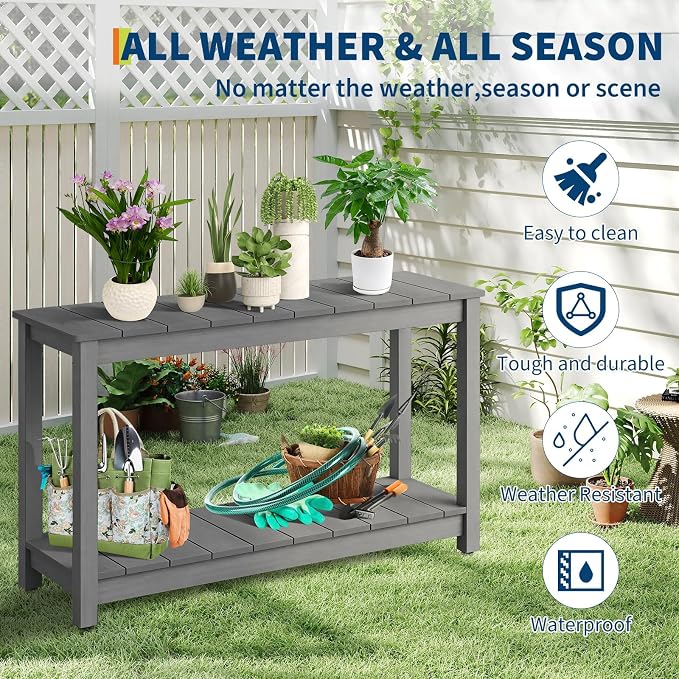 48 Inch 2-Shelf Console Table, Indoor Outdoor 2-Tier Patio Buffet Table with Adjustable Foot Pad, Wooden Bar Storage Organizer, Entryway Side Table for Patio, Porch, Backyard, Garden, Balcony