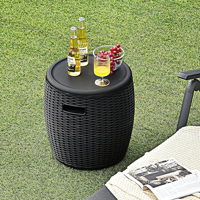 TANGZON 45L Ice Bucket Table, Rattan Effect Drinks Cooler with Lid & Side Handles, Outdoor Cocktail Table for Garden Patio Party and Pool (Black)