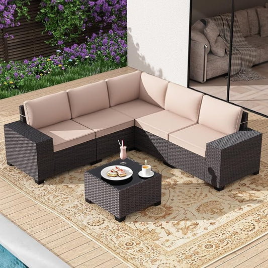Gotland 6 Pieces Patio Furniture Set with 1 Coffee Table, 5 Seater Rattan Outdoor Sectional with Wide Armrests 29.5'' High Backrest Thick Waterproof Cushions, Conversation Sets for Deck Garden Khaki