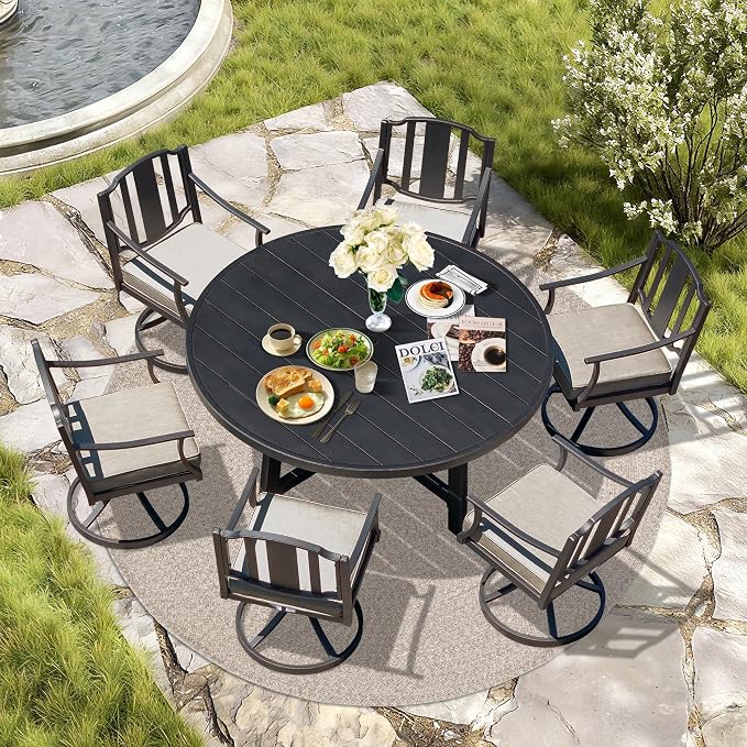 Ulax furniture Outdoor Dining Table 60 Inch Round - Aluminum Patio Table with Umbrella Hole, Weather-Resistant Garden Table for 6 (Brown)