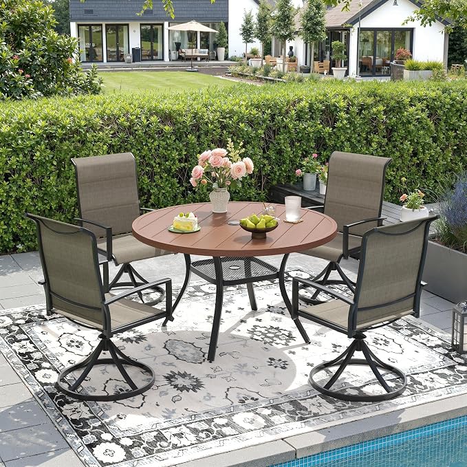 DIFY 5 Piece Outdoor Patio Dining Set for 4, 40.6" Walnut Round Metal Dining Table and Swivel Patio Chairs with Brown Padded Textilene, All-Weather Outdoor Furniture Set for Garden Backyard Porch