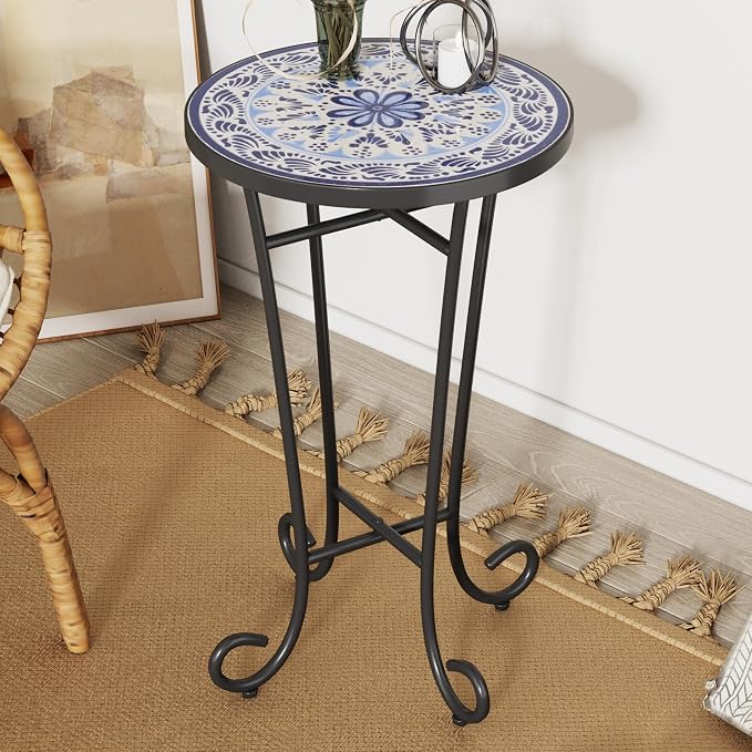 Outdoor Metal Side Table with Ceramic Tile Top Mosaic Patio Side Table and Plant Stand Tables, Round Side End Tables for Yard Porch Balcony Garden, Daisy Purple