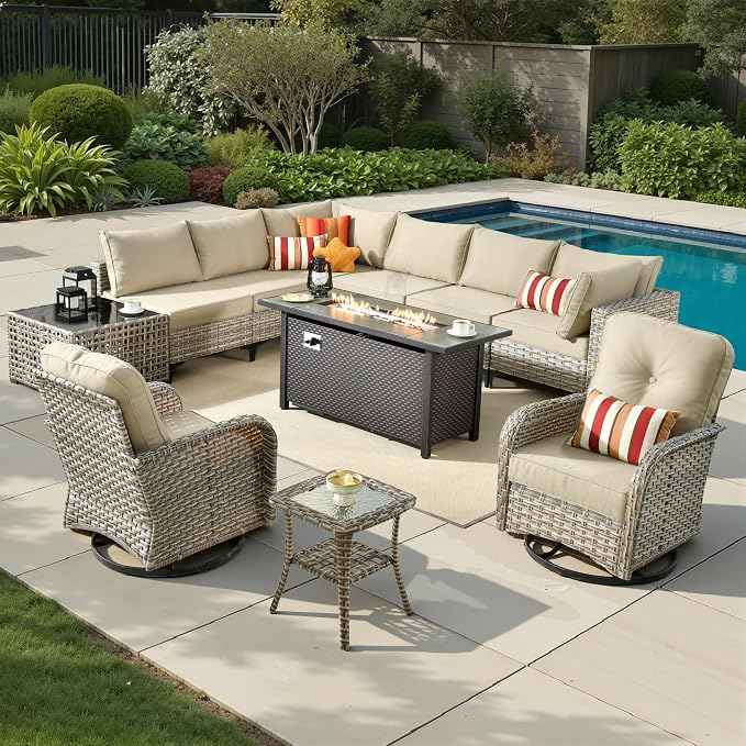 11 Pieces Patio Sectional Furniture Set, Outdoor Wicker Sectional Couch with Firepit Swivel Rocker Chairs Solar Lights Table, Modern Conversation Set for Porch Balcony Backyard, Beige
