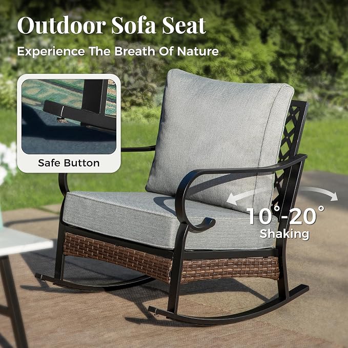 MIXPATIO Patio Furniture Set with Fire Pit Table, 4 PCS Metal Outdoor Conversation Set with 5.75'' Extra Thick Cushion, 2 Rocking Chairs, Loveseat Sofa and Gas Fire Pit Table, Grey