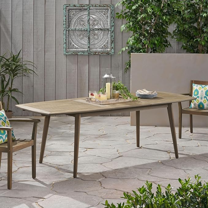 IRONORA Grey Wash Acacia Wood Extendable Patio Dining Table, 94.5 Inch Rectangular Slatted Top Outdoor Farmhouse Table for 6-8 People, Weathered Wooden Table for Backyard Balcony