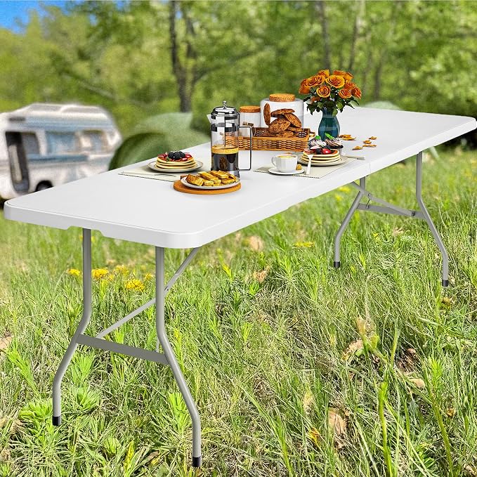 DWVO 8FT Folding Tables, Heavy Duty 8ft White Folding Table with Carrying Handle, Portable Plastic Fold in Half Table for Outdoor Camping Picnic Parties Indoor Events, White