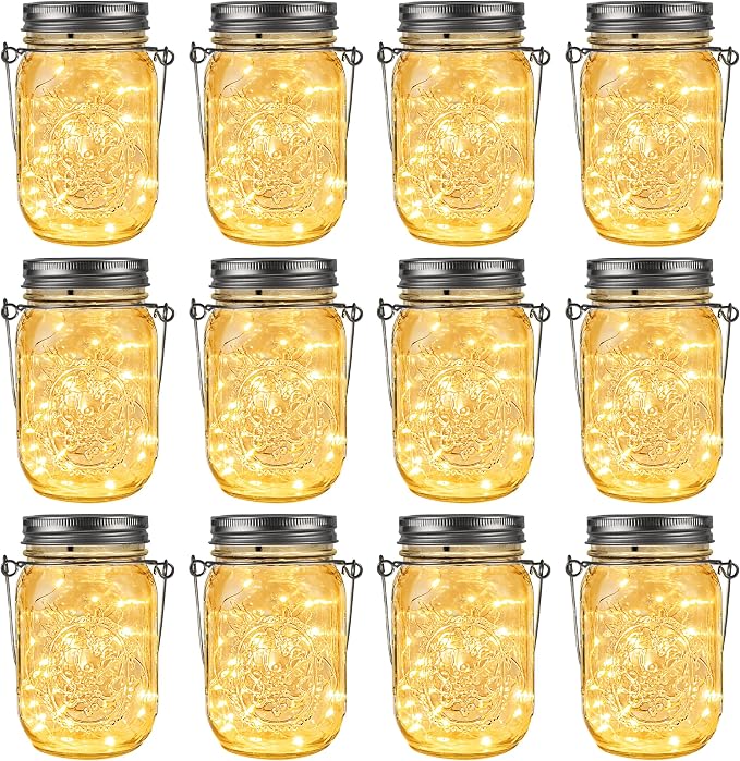 GIGALUMI Solar Mason Jar Lights, 12 Pack 30 Led String Fairy Lights | Garden Lights Outdoor Waterproof Metal Lid Hanging Solar Lanterns for Outdoor, Garden, Patio, Lawn, Balcony Decoration