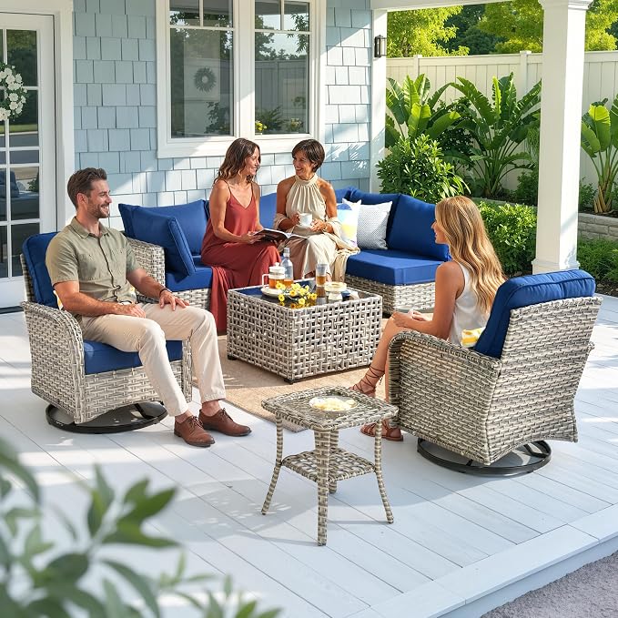 CAODOC Outdoor Sectional Patio Furniture Set,8 Pieces Wicker Conversation Sets L Shaped Couch,Out Door Sofa Outside Furniture with Swivel Chairs,Blue