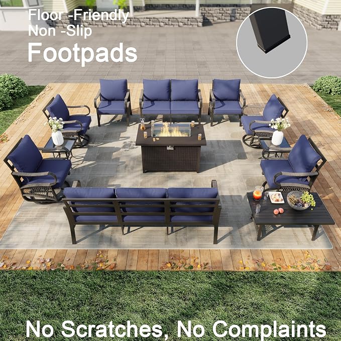 12 Pieces Patio Furniture Set, Metal Outdoor Conversation Sets with Fire Pit Table and Swivel Chairs for Backyard Garden Deck Porch Poolside (Thick Blue Cushions)