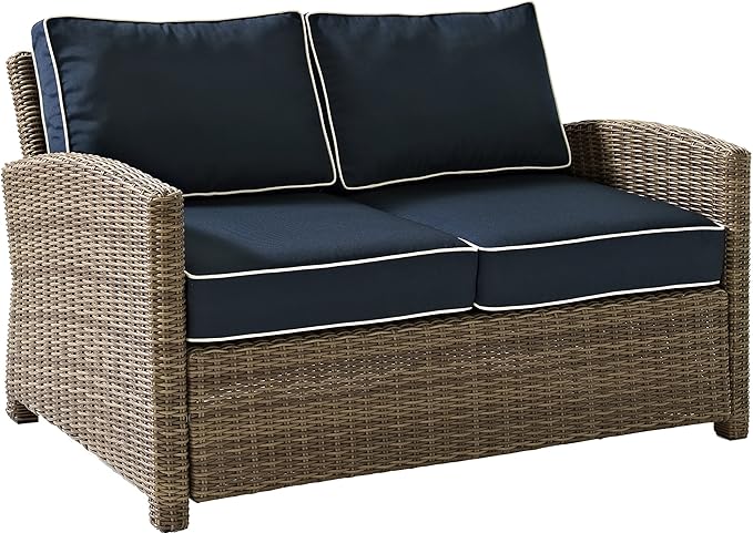 Crosley Furniture Bradenton 4-Piece Outdoor Loveseat Patio Furniture Set, Wicker Conversation Sets for Porch, Brown with Navy Cushions