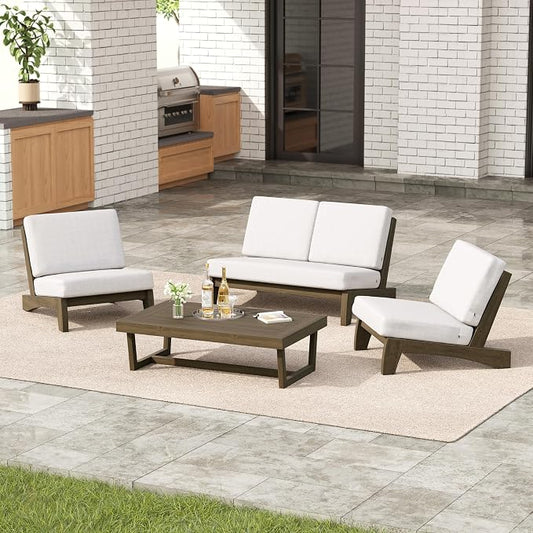 4 Pieces Patio Furniture Sets, All-Weather Outdoor Wood Bistro Set Patio Conversation Coffee Table Chiars and Patio Loveseat for Balcony, Backyard