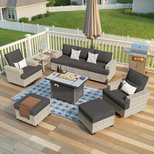 Weaxty 9 Pieces Wide Seats Outdoor Furniture Set, Sectional Couch Swivel Rocking Chair Ottoman Fire Pit Table, Thick Cushion All-Weather Rattan Patio Conversation Sets for Backyard Deck, Black
