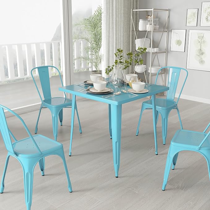 Merrick Lane Nash Indoor-Outdoor Dining Table Only - Crystal Blue-Teal Powder Coated Finish - 31.5" Square Top - 27.25" Wide Base - Bracing for Added Stability