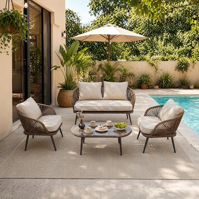 LITTLE TREE Wicker Patio Furniture Set with Coffee Table, 4 Piece Patio Sectional Furniture Set with Removable Cushions, Outdoor Conversation Set for Backyard, Garden, Porch, Balcony, Easy Assembly