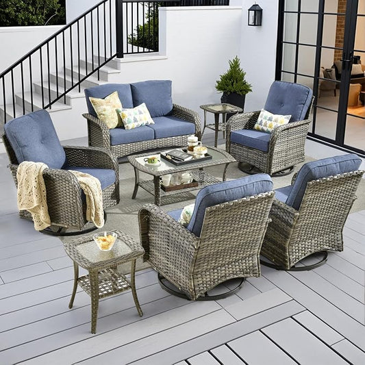 CAODOC 8-Piece Wicker Patio Furniture Set, All-Weather Rattan Conversation Bistro Loveseat Chair and Patio Rockers Set for Backyard, Balcony and Deck with Soft Cushions and Metal Table(Blue)