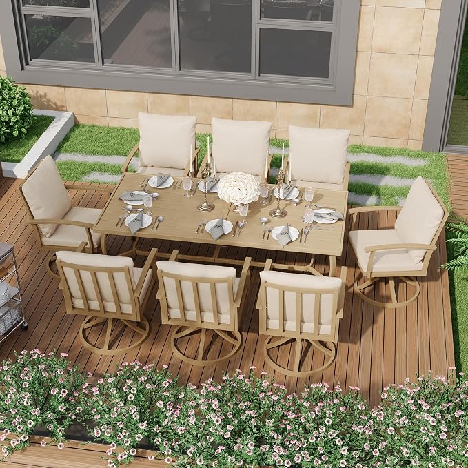 HAPPATIO Aluminum 9 Piece Patio Dining Set, Outdoor Swivel Dining Chairs and Dining Table, Aluminum Outdoor Dining Set for 8, Patio Dining Furniture with Washable Cushions (Beige)