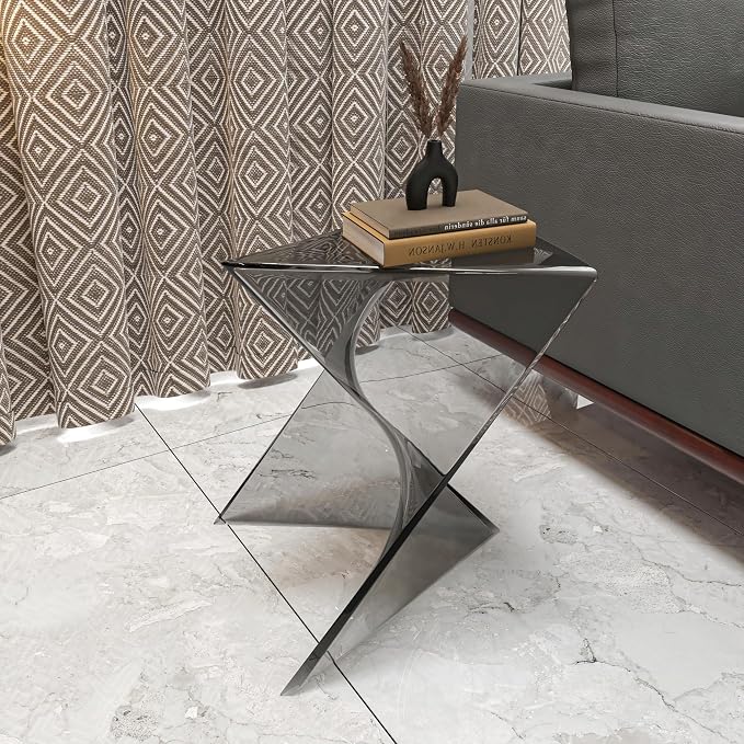 LeisureMod 15.75" Triangular Side Table, Stackable Plastic Accent End Table for Indoor & Outdoor Use, Weather-Resistant Modern Patio & Living Room Table, Set of 4, Smoke